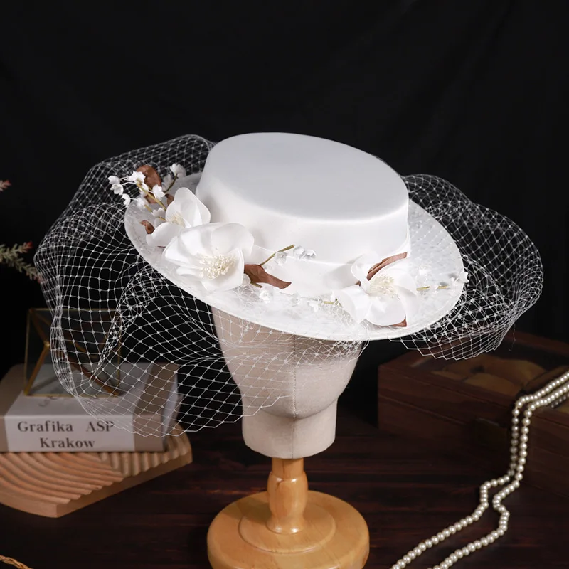 Sombrero de boda francés con lazo elegante, gorra plana hecha a mano, de malla, color negro, blanco, vintage, para mujer