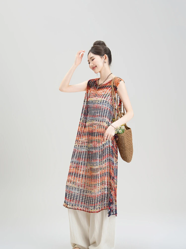

Colorful Striped Tie Dye Hollow Out Dress V-neck Sleeveless Mid Length Sunscreen Cover Fashion Summer Women's Clothing 2025 New