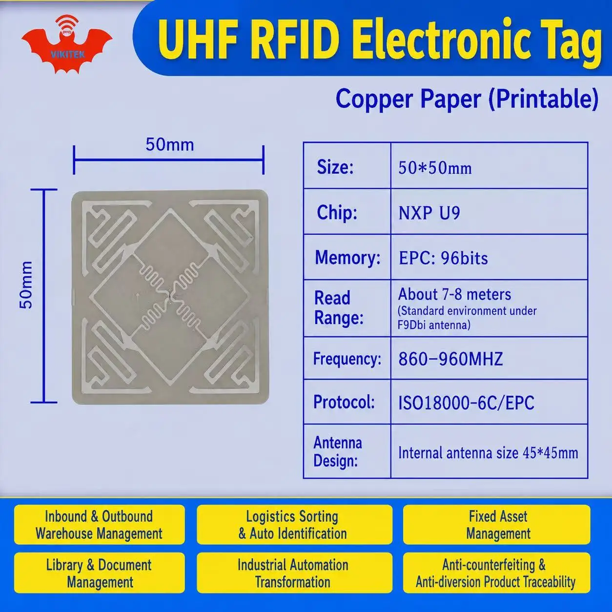 UHF RFID tag printable sticker NXP U9 50*50mm 915mhz 900 868mhz 860-960MHZ EPCC1G2 6C smart adhesive passive RFID tags copper la