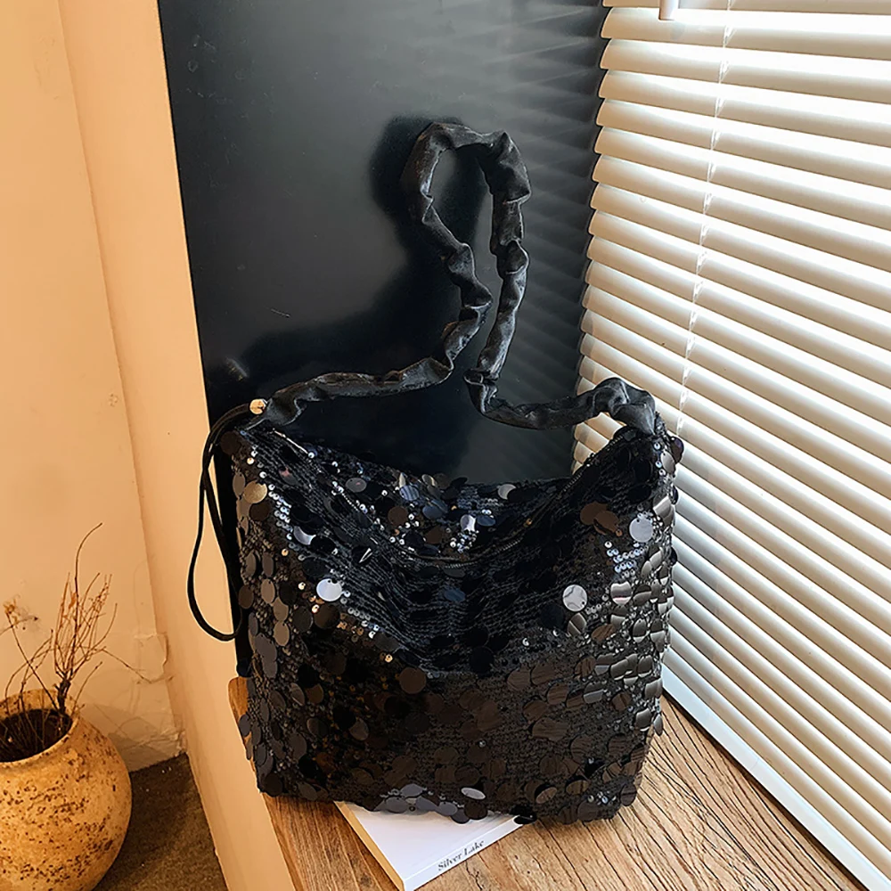 Korean Style Trend Shiny Sequins One Shoulder Bag Solid Color Blingbling Large Capacity Crossbody Bags Versatile Commute Packs