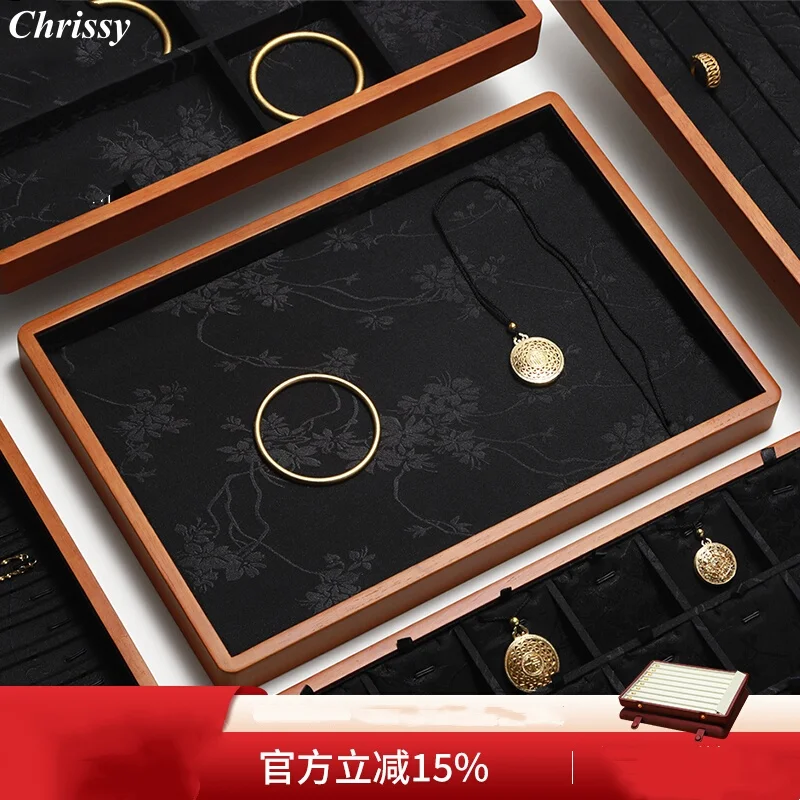 

Luxury Solid Wood Jewelry Display Tray, Elegant Ring Necklace Bracelet Showcase for Gemstone & Wenwan Collectors, Velvet Lined