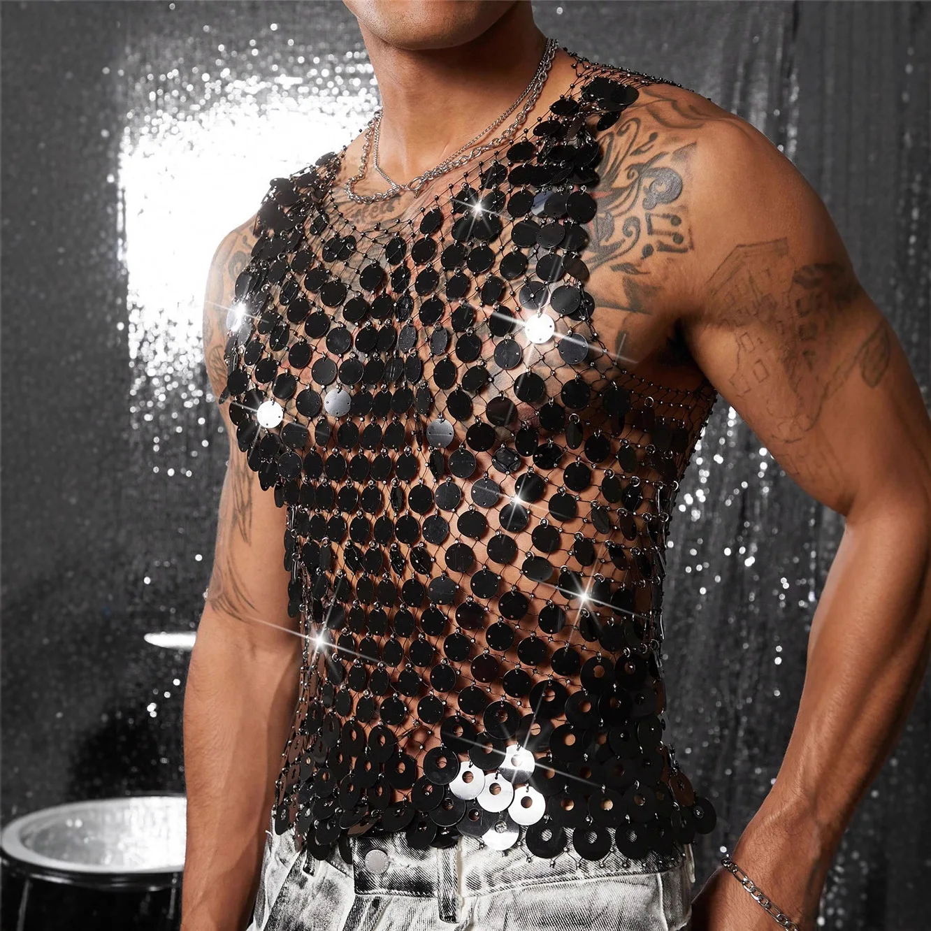 Heren sexy vest, edgy streetwear, doorschijnende tanktop met uitsnijdingen, club & party, visnet, paillettenversiering