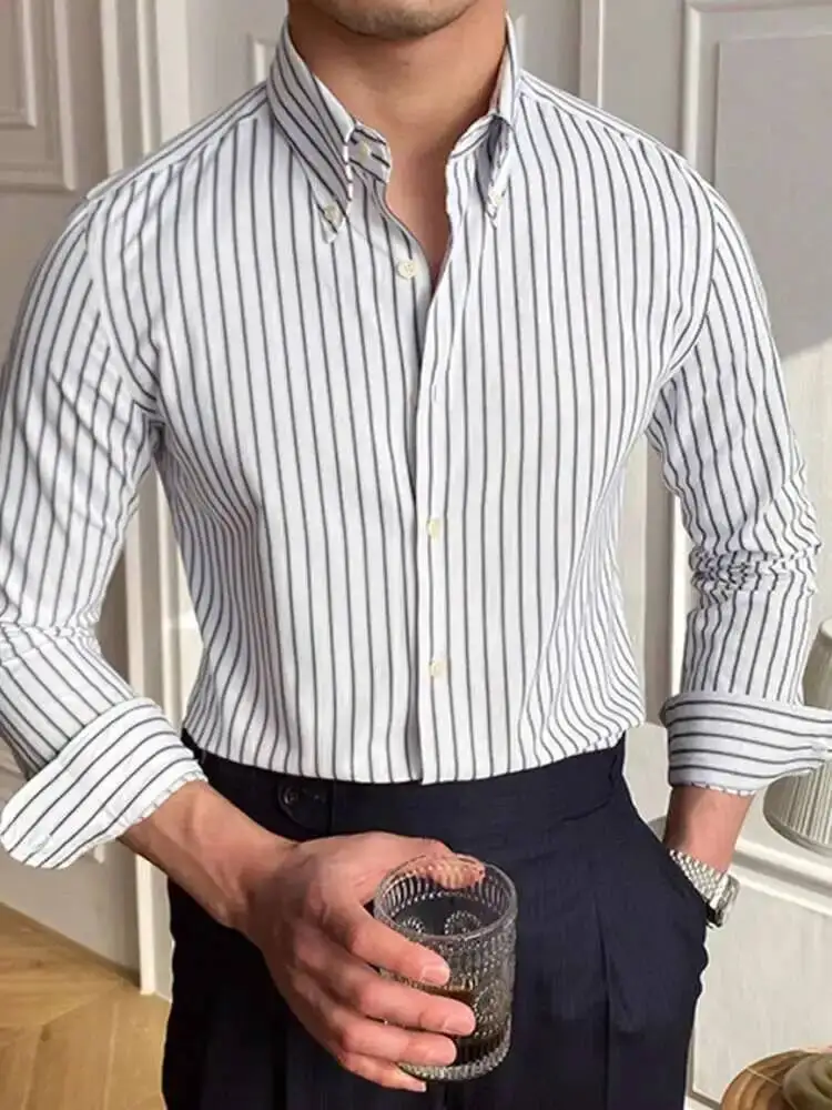 Na co dzień w paski koszula koszula Retro sukienka Camisa Masculina społeczna 2022 wiosna brytyjski styl męski koszula w paski z długim rękawem — zdjęcie 2