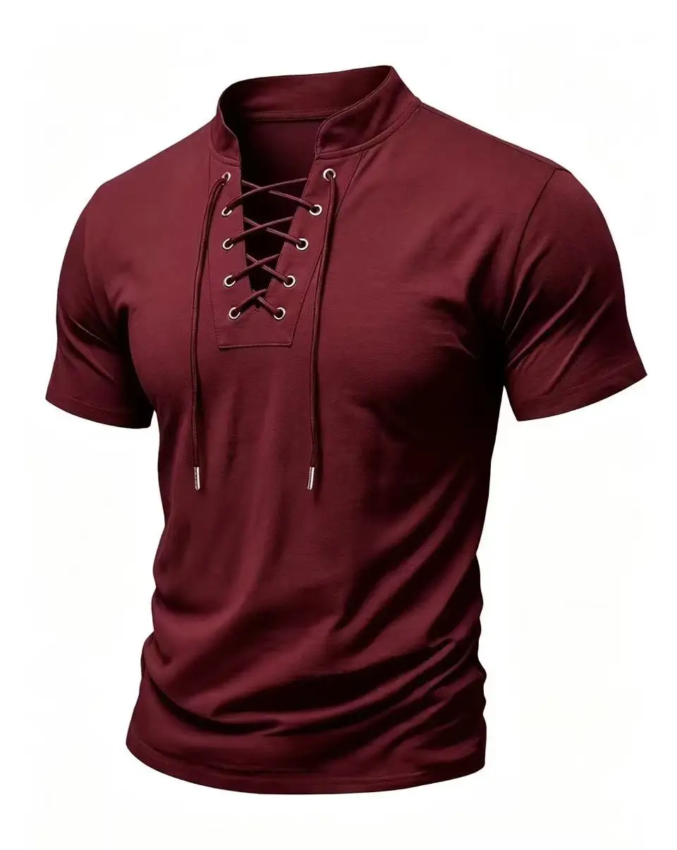 Men's Retro Short Sleeve Shirt Lightweight Breathable Solid Color V-neck Fashion Top Stylish Pirate Male Stylish Shirt