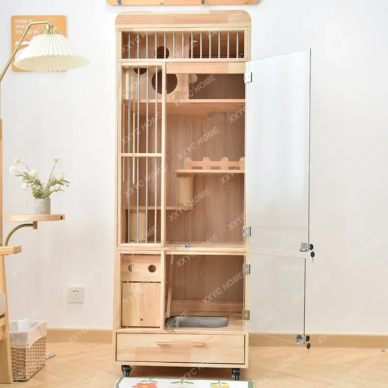 Non-Covering Solid Wood Cage with Toilet Integrated Villa  Small Apartment  Cabinet Customized  Nest House Cattery