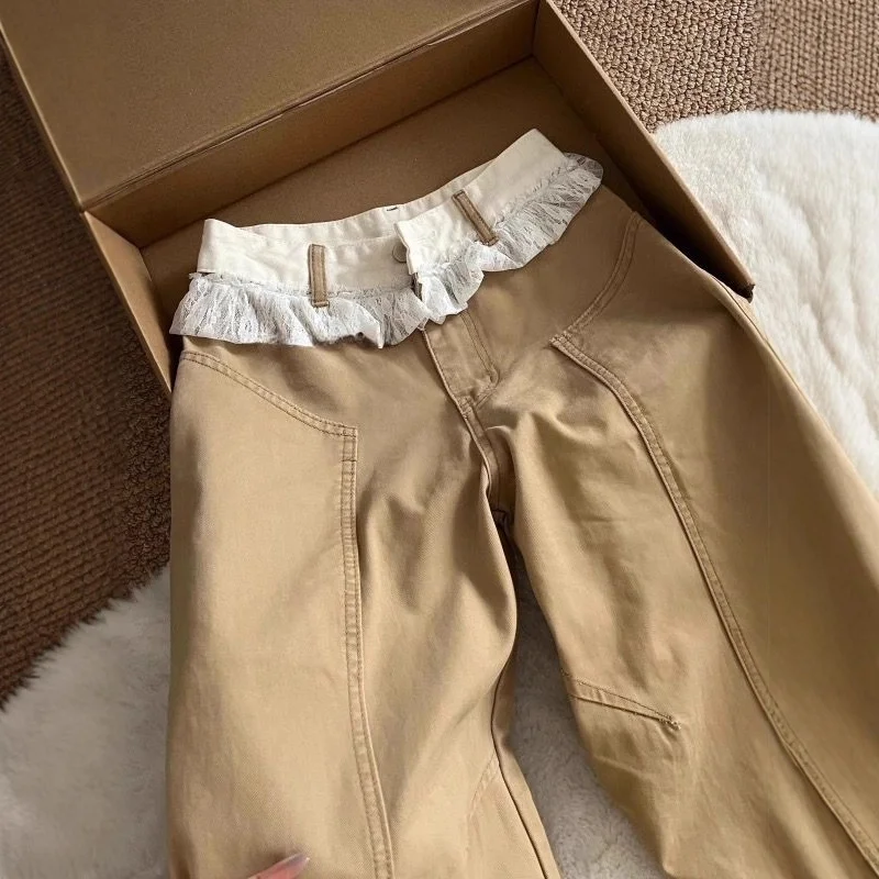 

Кружевные лоскутные джинсы цвета хаки для женщин, осенне-зимние свободные широкие брюки, универсальные повседневные джинсовые брюки, брюки в корейском стиле