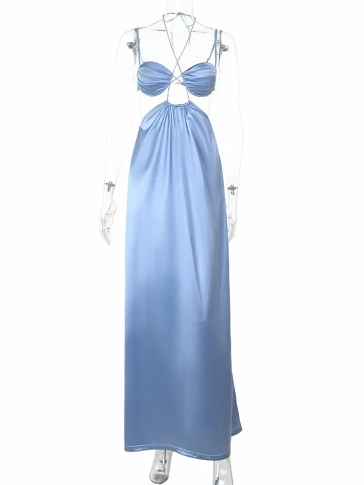 Satin Elegant Women Halter Low Cut Out Sexy Evening Party Dress Maxi Wrap Night Club Summer Backless 2025 Holiday Dress