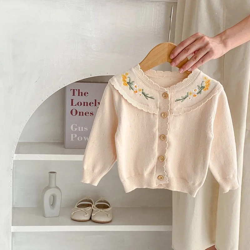 

2024 Spring Baby Girl Clothes 0-3Years Newborn Kids Long Sleeve Embroidery Flower Sweater Knitted Cardigan Tops Princess Outfits