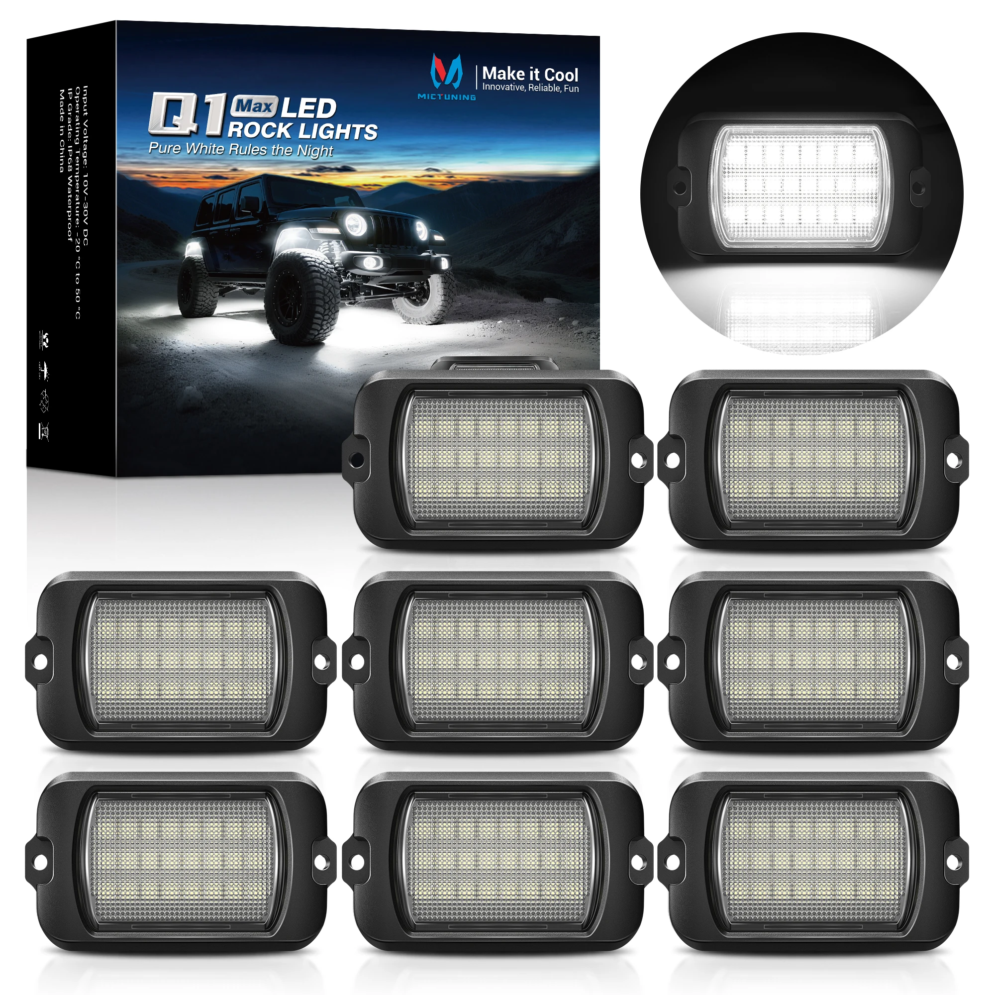 

MICTUNING Q1 MAX Белые каменные фонари, 4 Вт 400LM/Pods подсветка, водонепроницаемость IP68, 12-30 В для легкового грузовика, внедорожной лодки