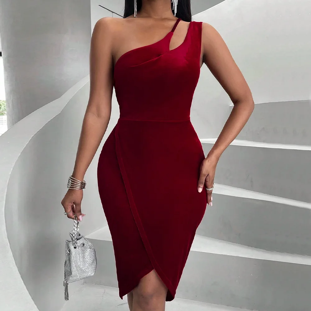 Hot Sexy Velvet Slim Fit Design One Shoulder Bodycon Dress