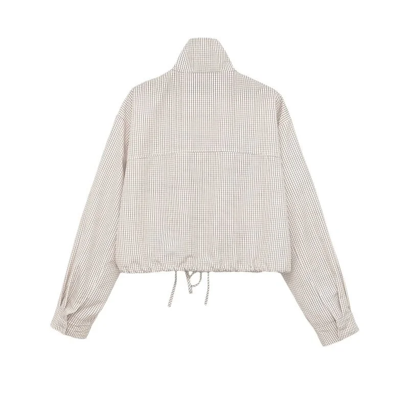 2026 Spring Women's Plaid Cropped Jacket Stand Collar Zip Up Casual Grid Short Coat For Commute & School