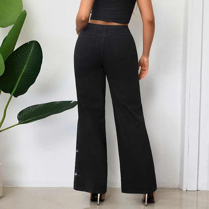Benuynffy Women's Street Loose Diamonds Straight Jeans 2025 New Retro Mid Waisted Female Casual Black Wide Leg Denim Trousers