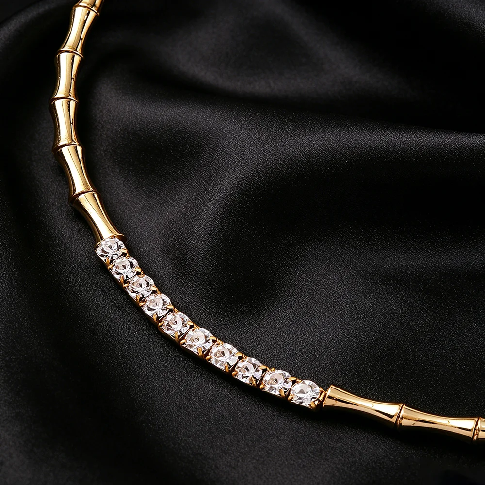 Open Collar Choker Necklace with Rhinestone Bamboo Design, Bold Statement Minimalist Luxury Neck Jewelry for Party Wedding Gift