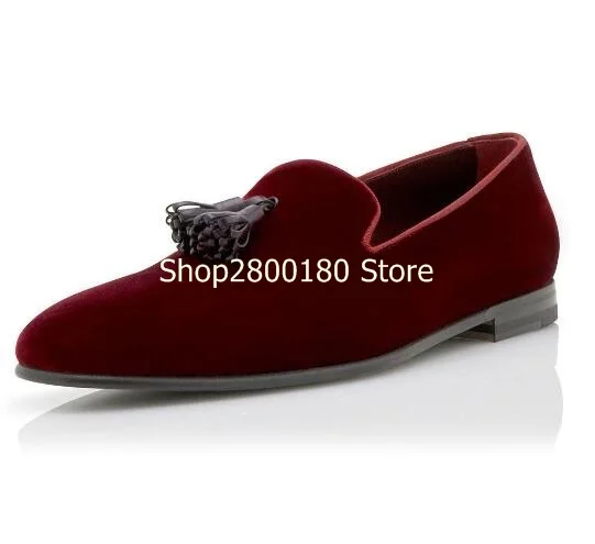 Blue Yellow Burgundy Suede Solid Color Round Toe Tassel Slip On Loafers Men Run Way Outdoor Low Top Fringe Flat Casual Shoes