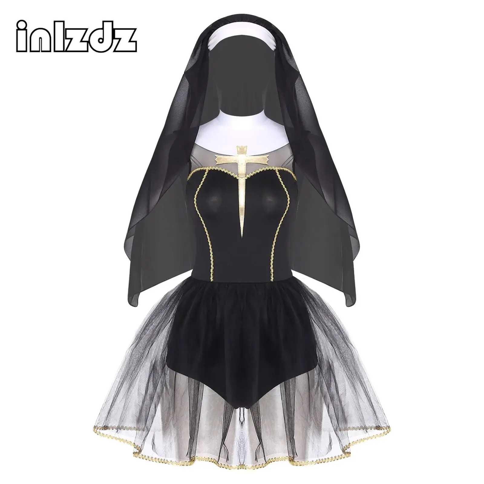 

Women Halloween Nun Cosplay Dress with Veil 2-layer Tulle Hem Briefs Dress And Wimple Hood Suit for Sister Clergy Dress-up Party