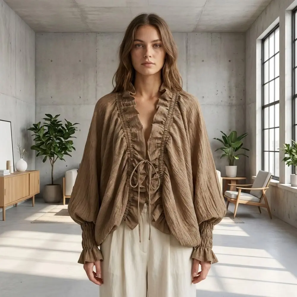 Lace-up Chic Ruffle Blouse V-Neck Loose Lantern Sleeve Chiffon Shirt Drawstring Tie Front Batwing Long Sleeve Blouse Autumn