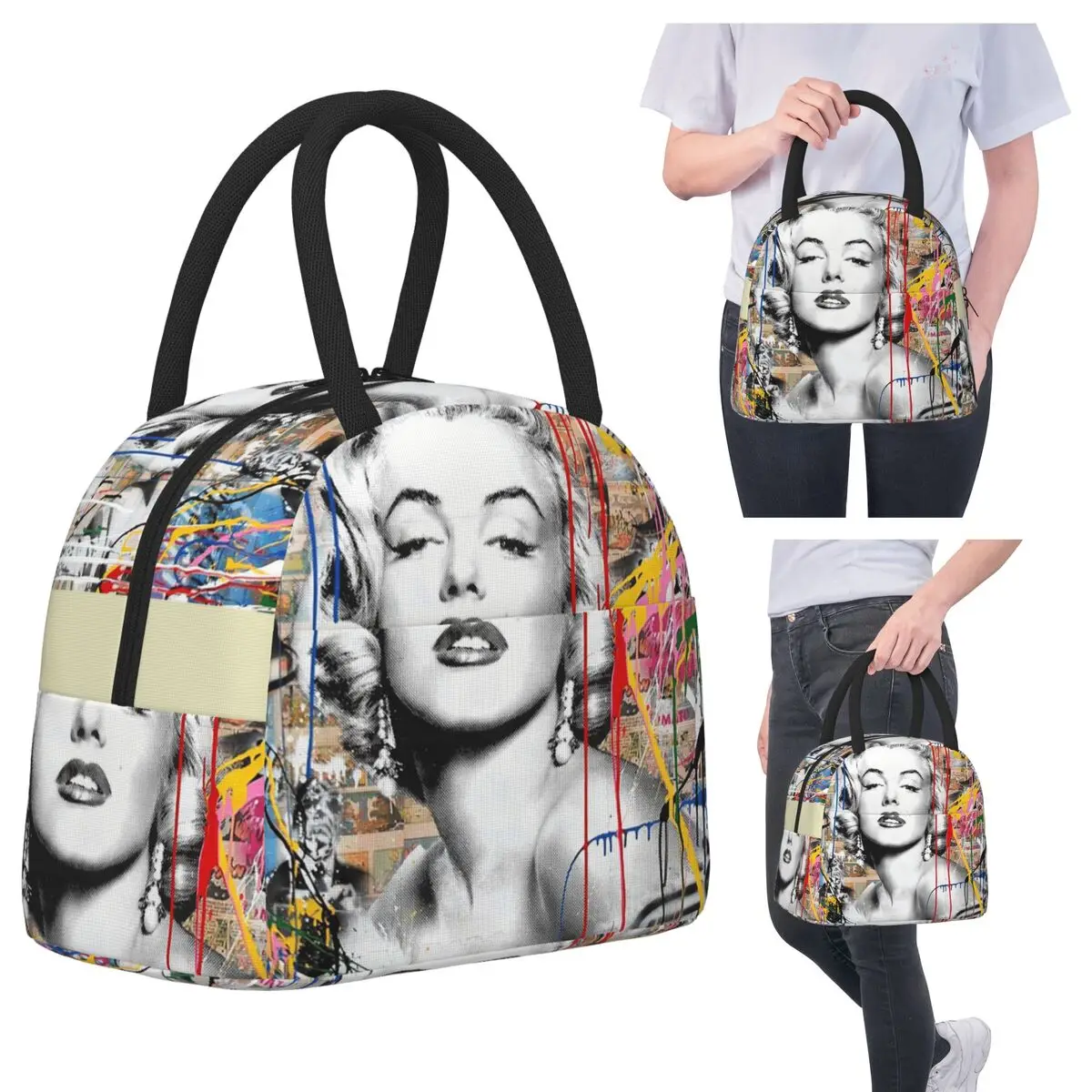 مارلين مونرو الملونة البوب المزج بانكسي الغداء حقيبة معزول بينتو صندوق الغداء حمل حقيبة تخييم حقيبة للحفاظ على البرودة لمكتب الطلاب