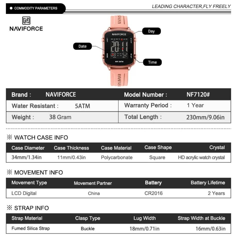 NAVIFORCE Girl's Wristwatch Sports Waterproof LCD Display Watch Silicone Strap Lady's Simple Square Calendar Electronic Watches