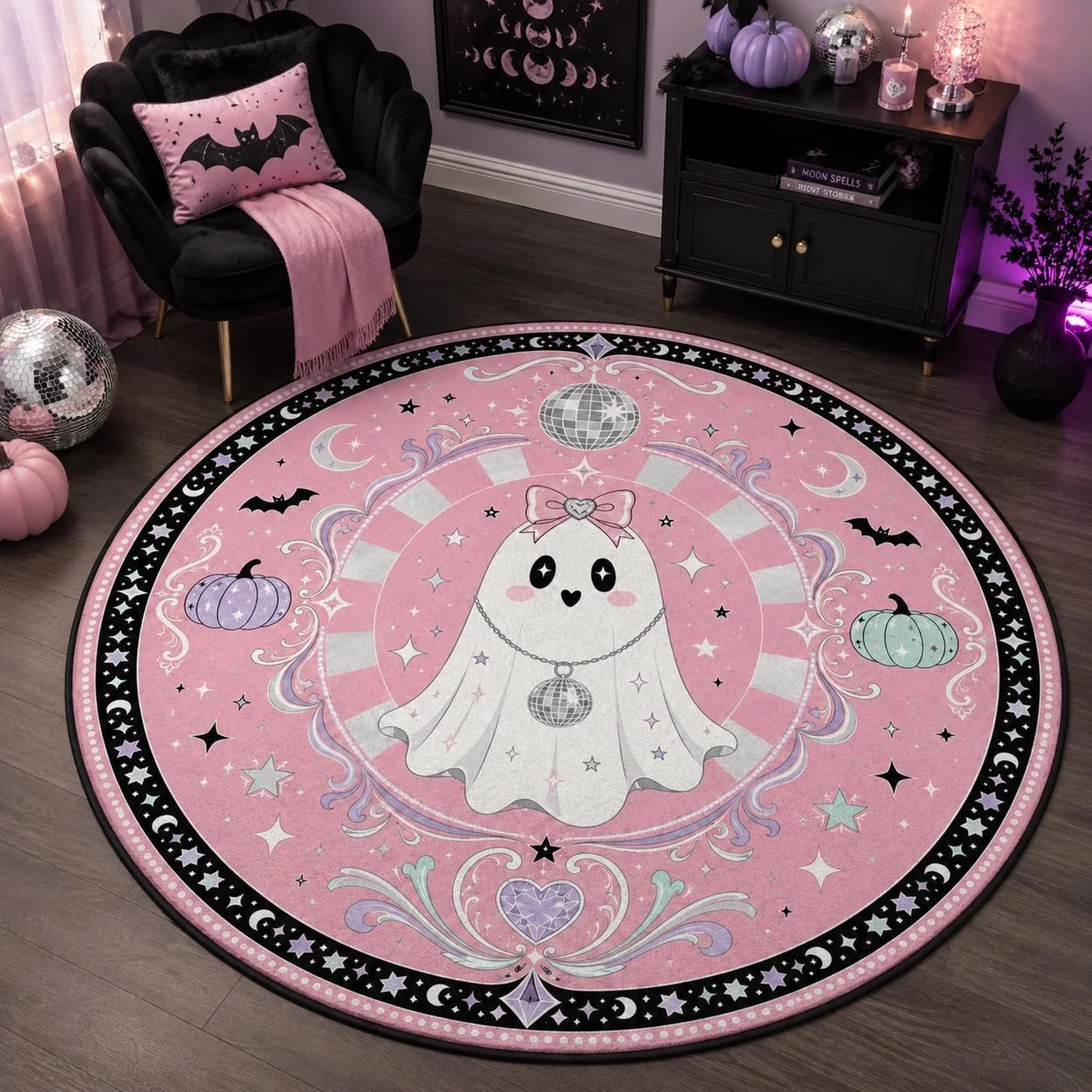 Disco Ghost Round Rug, Pink Starry Sky Rug, Pastel Gothic Style Decoration
