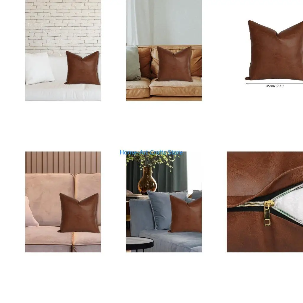 Y3NA Modern Brown Imitation Leather Throw Pillow for Case with Zipper Minimalist Color Decorative Square Cushion Cover for