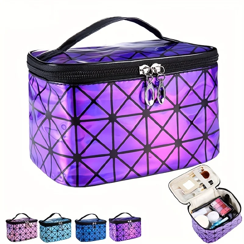 Laser Geometric Pattern Cosmetic Bag, Zipper Large Capacity Makeup Bag, Lightweight Versatile Organizer And Music Festival