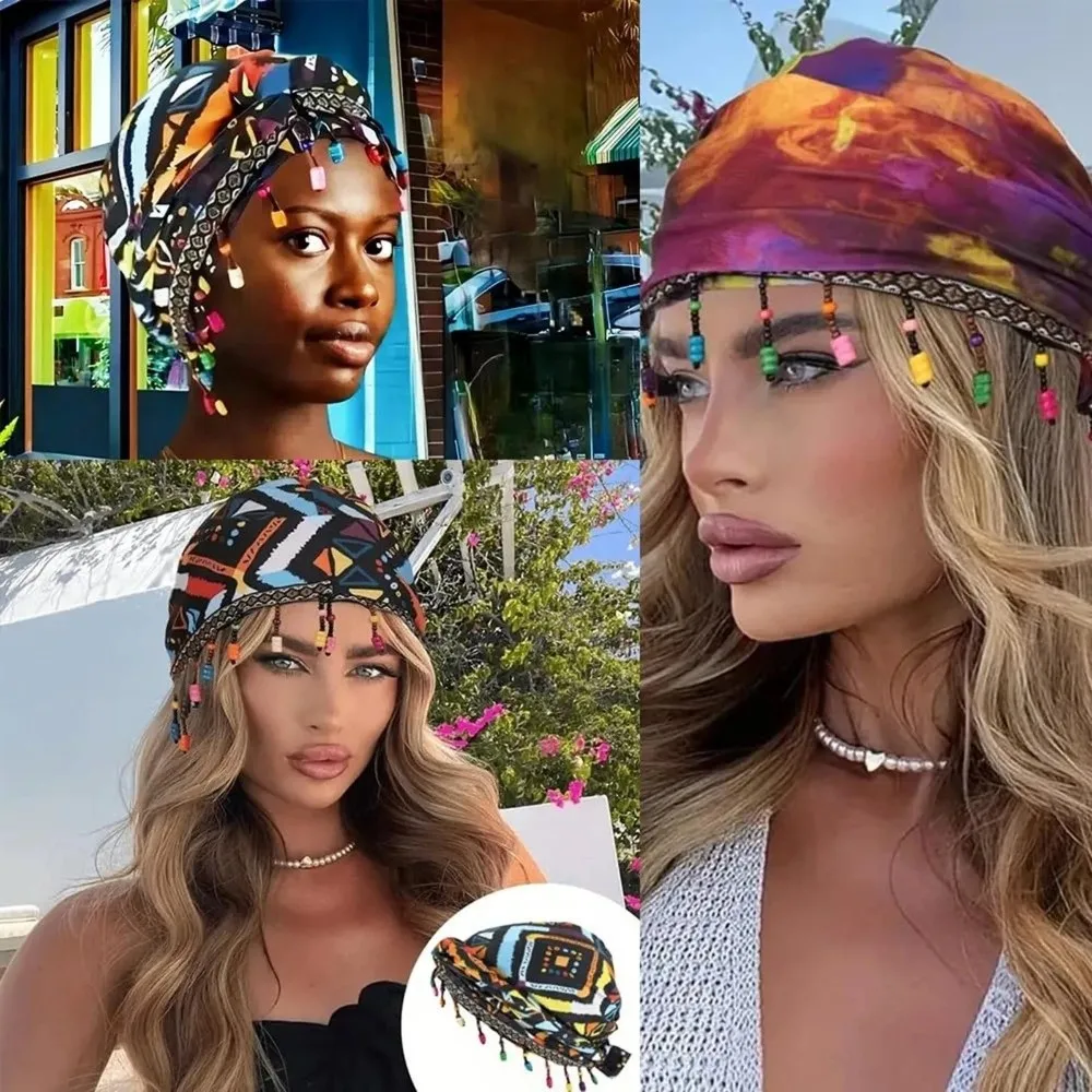 

Elastic Colorful Beaded Headscarf Hijab Breathable Pre-tie Head Wraps All-match Solid Color Printed Tail Turban Daily