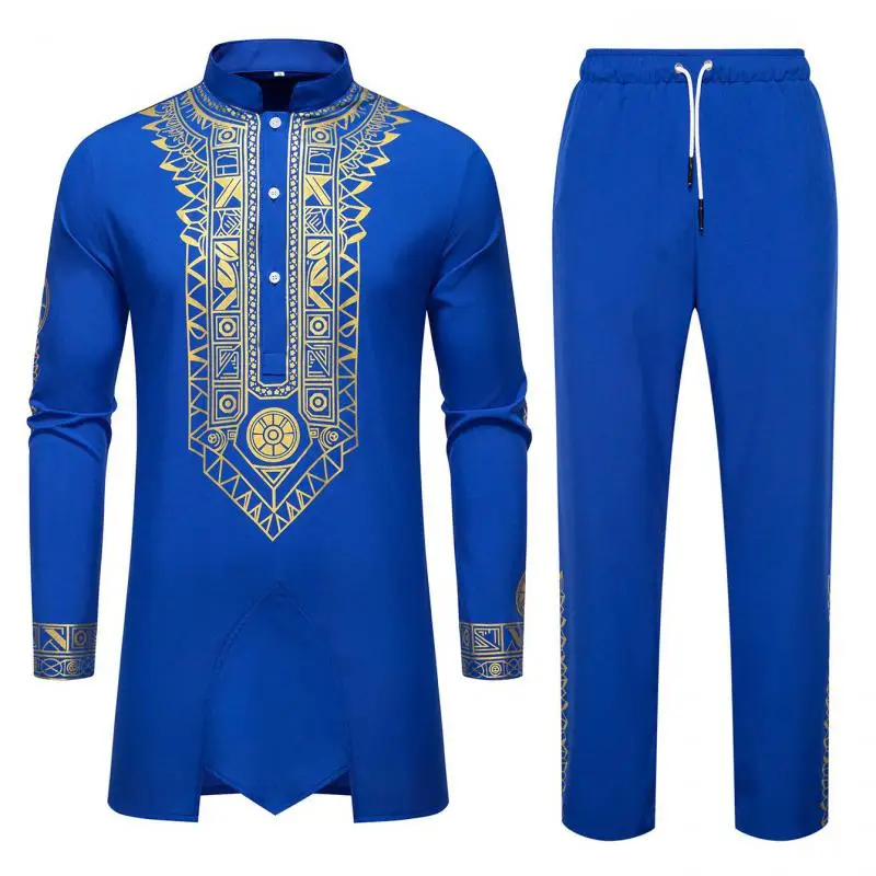 Men's Boho Two Piece Set Ethnic Print Long Shirt Elastic Drawstring Pants 2pcs Resort Loungewear Pajama Style Outfit