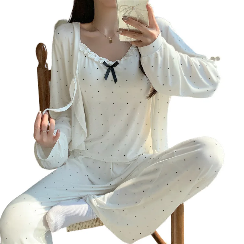 Pure Desire Style Women Pajamas Set Lace Trim Sleeveless Long Pants Robe White Polka Dot Homewear Outfit