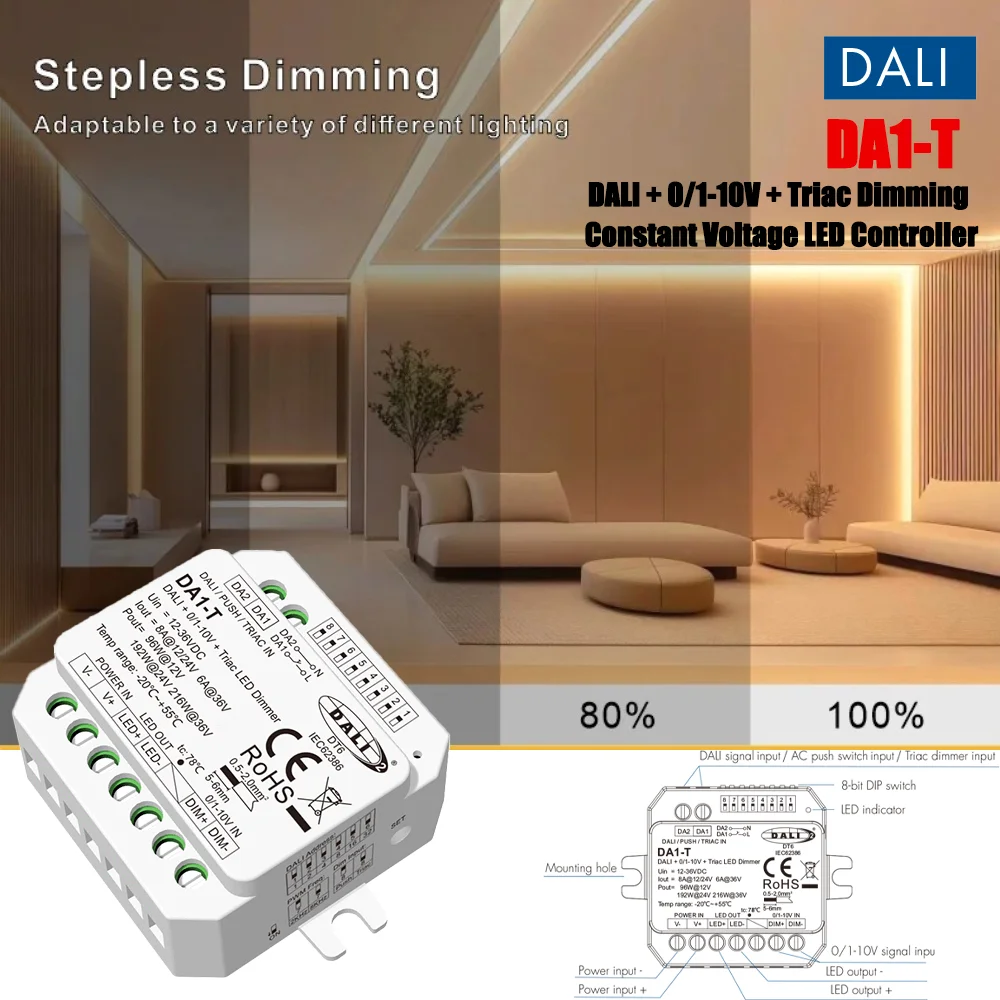 DALI 0/1-10V 트라이액 디머 12-36VDC 푸시 스위치 디밍 DA1-T DT6 LED 컨트롤러 (5050 2835 COB 단색 LED 스트립 조명용)