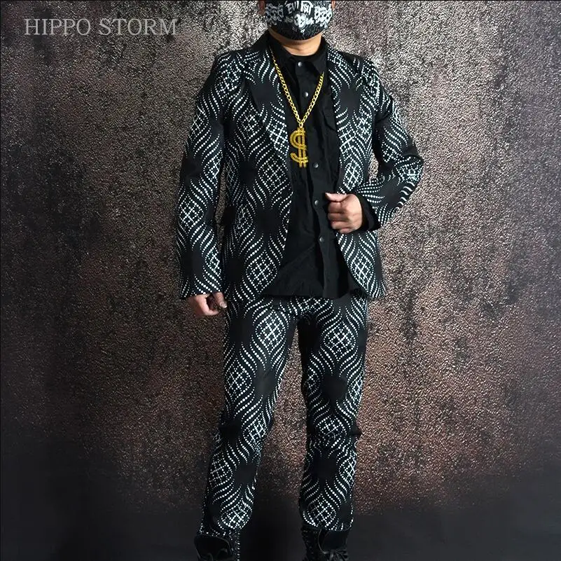 جديد الرجال أبيض وأسود البولكا نقطة طباعة دعوى معطف ملهى ليلي الربيع الذكور المغني تصفيف الشعر الاتجاه سليم بليزرات جاكيتات فستان