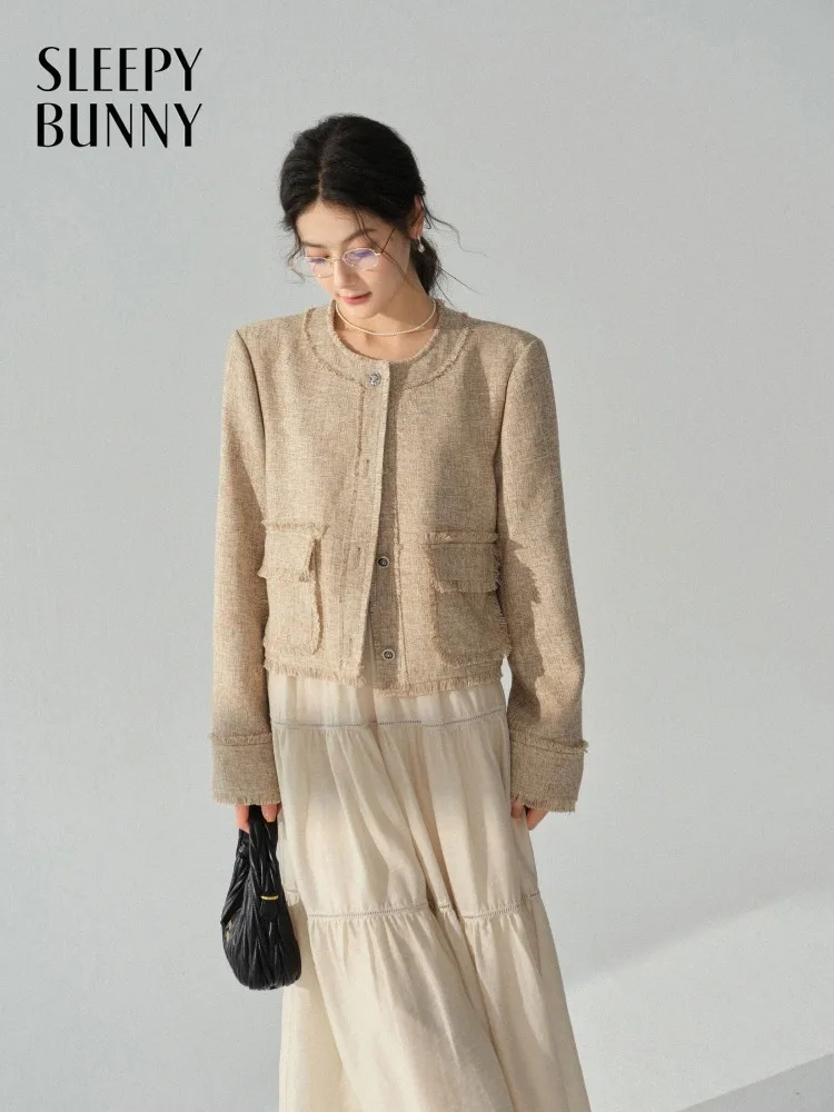 

French Chic Tweed Jacket Women Round Neck Short Coat with Fringe Trim Elegant Loose Fit Outerwear Autumn Office or Casual Wear