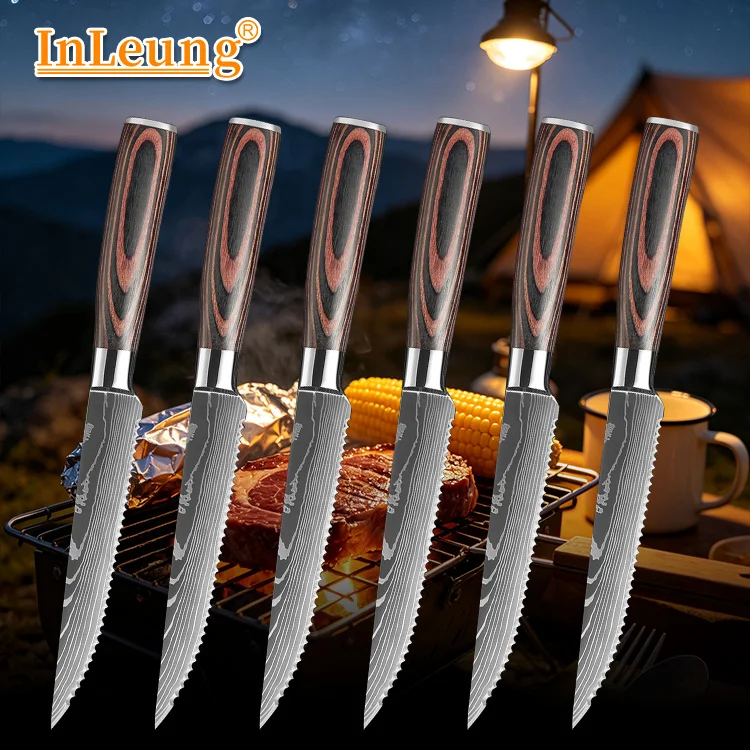 High Quality Steak Knife Kitchen Knives Laser Damascus Steel Sawtooth Beef Knives Sharp Slicing Knife Utility Knife Fruit Knife