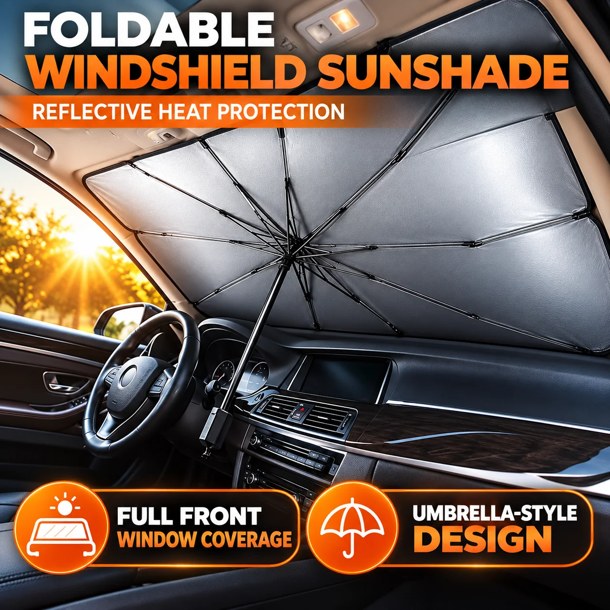 Car Front Window Sunshade Curtain, Retractable Windshield Sunscreen with Heat Insulation and UV Blocking Parasol for Vehicle