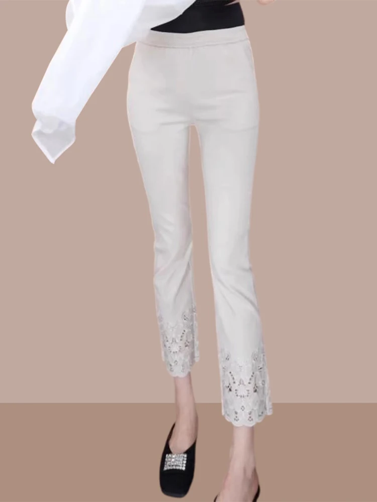 

Повседневные брюки Slim Fit с кружевными вставками, тонкие, эластичные, с высокой талией, длиной 7/8, модные, универсальные, женские, летняя новинка