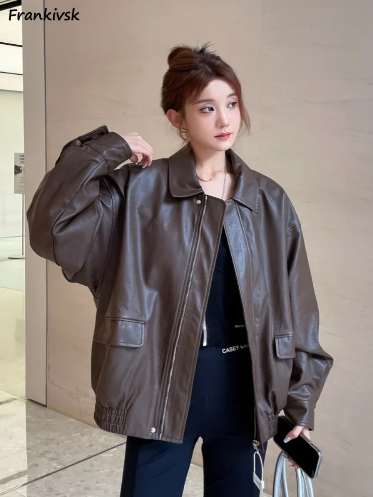 Autumn Jackets for Women Pure Fashion Cool Girls Moto Simple Baggy American Style PU Leather Windbreaker Lapel Outer Chic Zip Up