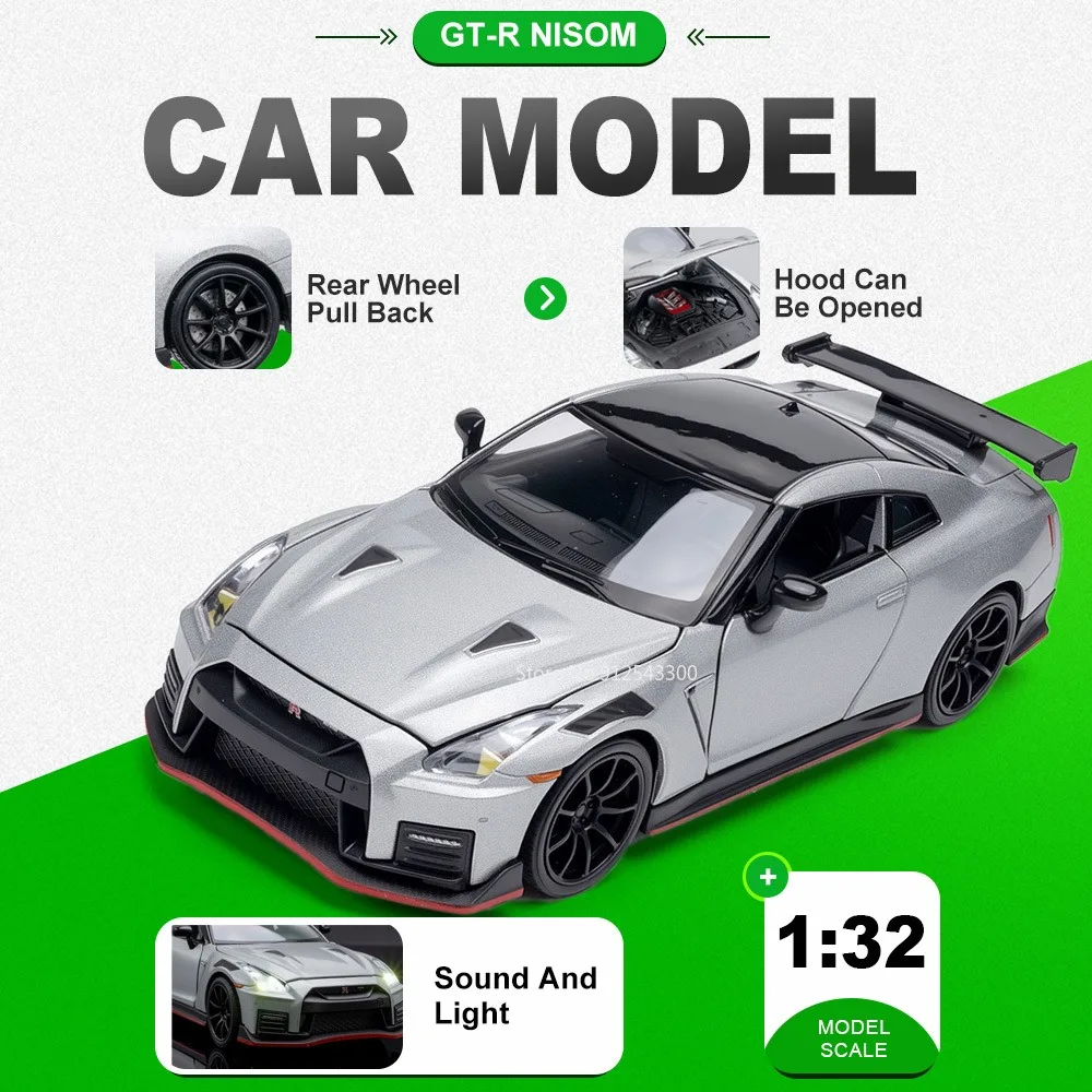 

Scale 1:32 GTR NISOM R35 Model Car Toy Doors Opened Pull Back Models Sound Light Alloy Diecast Cars for Kids Holiday Presents
