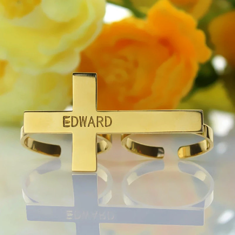 مخصص اثنين من أصابع الدائري الرجال النساء الفولاذ المقاوم للصدأ الصليب حلقة اسم شخصية الذهب أصابع مزدوجة حلقة المفصل الإيمان المجوهرات