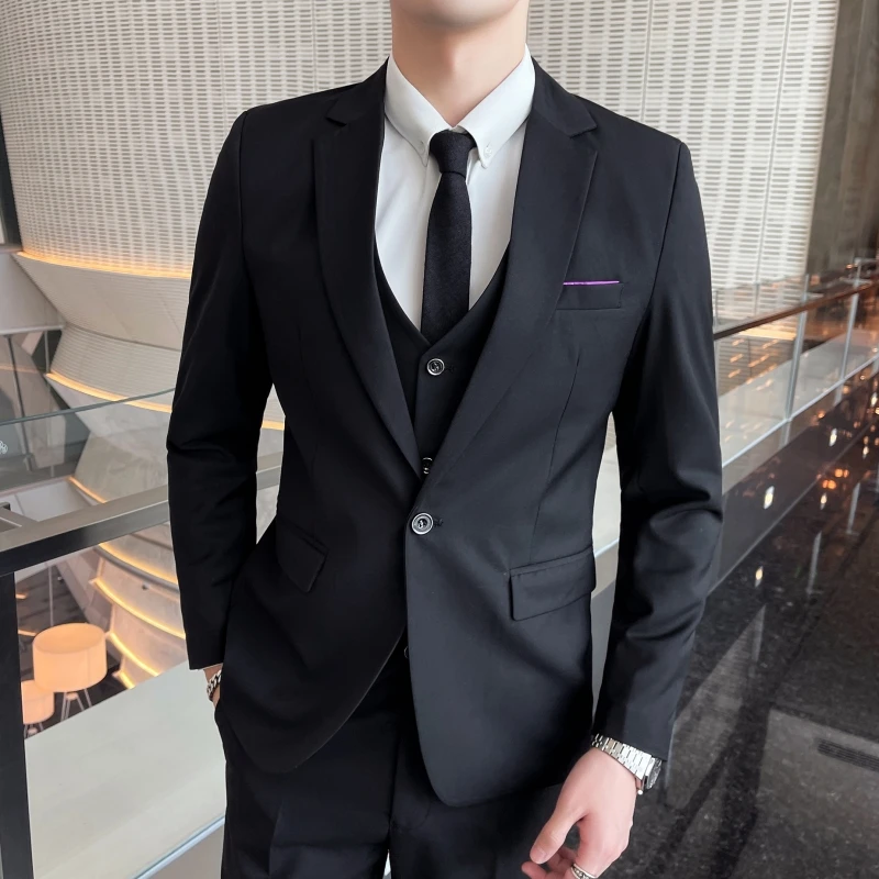 Four seasons classic solid color (suit + vest + trousers) wedding suit Fashion business handsome casual three-piece set