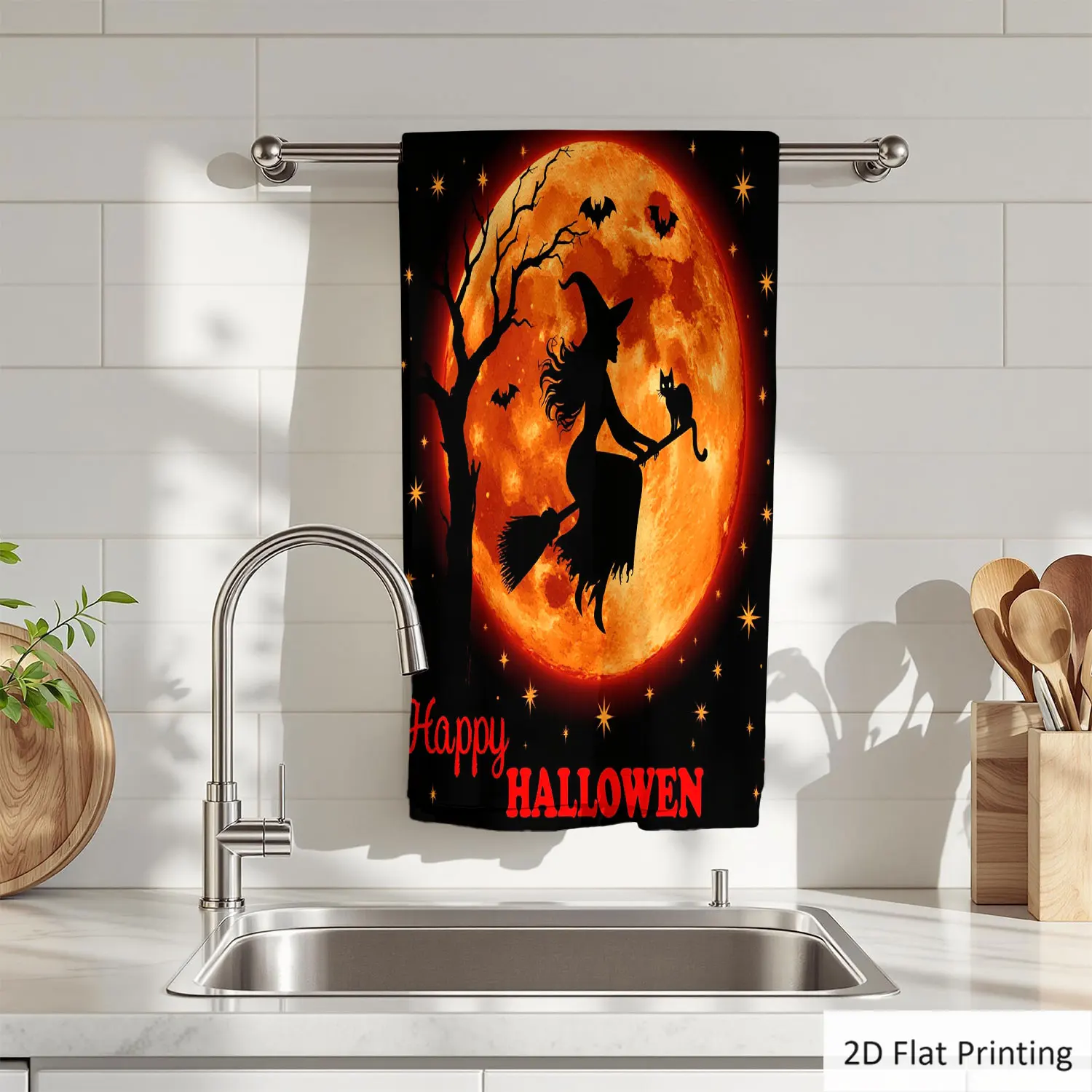 1 toalla de mano para baño con diseño de brujas, gatos, luna, murciélagos y árboles de Halloween, toalla de microfibra de poliéster de varios tamaños, toallas decorativas únicas para el hogar y la cocina, accesorios decorativos para el baño, de secado rápido y absorbentes.