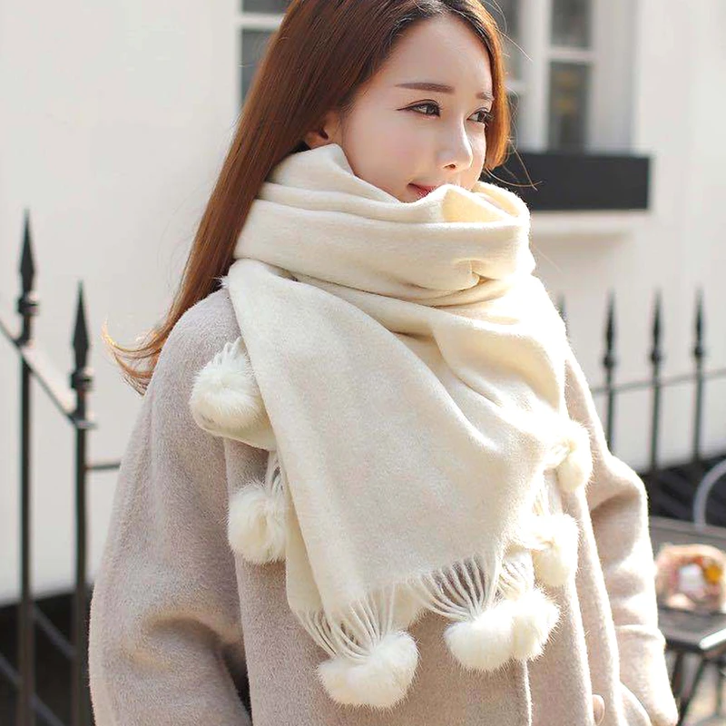 

Women Warm Scarf with Rabbit Fur Ball Pashmina Thick Scarves Shawls Winter Cashmere Pompom Scarf Ladies Oversize Blanket Wrap