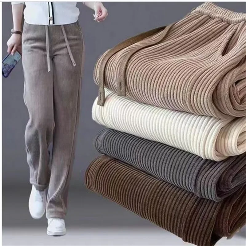 

Autumn Winter Elastic Waist Loose Casual Wide Leg Corduroy Pants Female Add Velvet Fashion All-match Trousers Women's Clothing