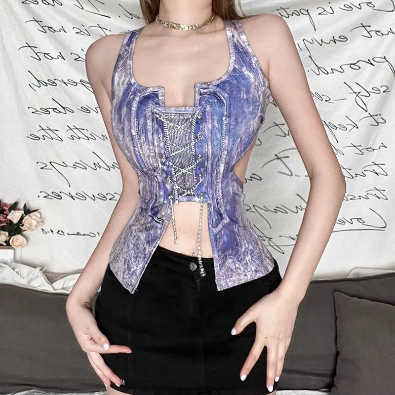 

Sexy Sling Asymmetrical Hollow Out Washed Tops Low-Necked Metal Chain Tank Top Fashion Summer Slim Tops Women Clothing