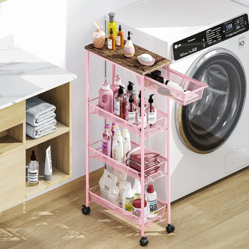 

4-Tier Slim Storage Cart, Metal Rolling Cart, Organizer with Wooden Tabletop and Der Basket, Mobile Shelving Unit or Kitchen, Ba