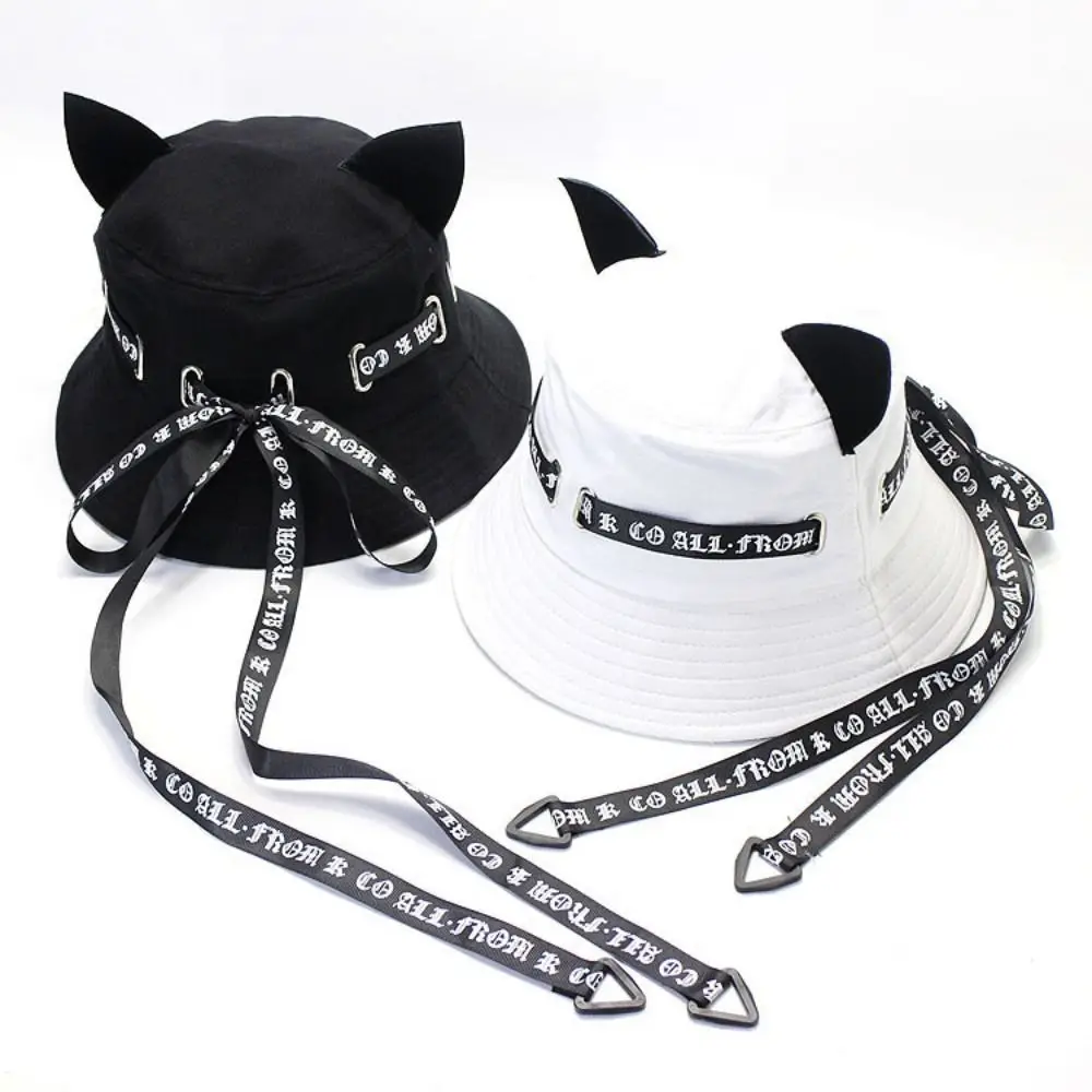 Cute Cat Ears Streamer Fisherman Hat Women Casual Basin Hat Solid SunHat Designer Bucket Hat Unisex Punk Hats Hip Hop Bonnets