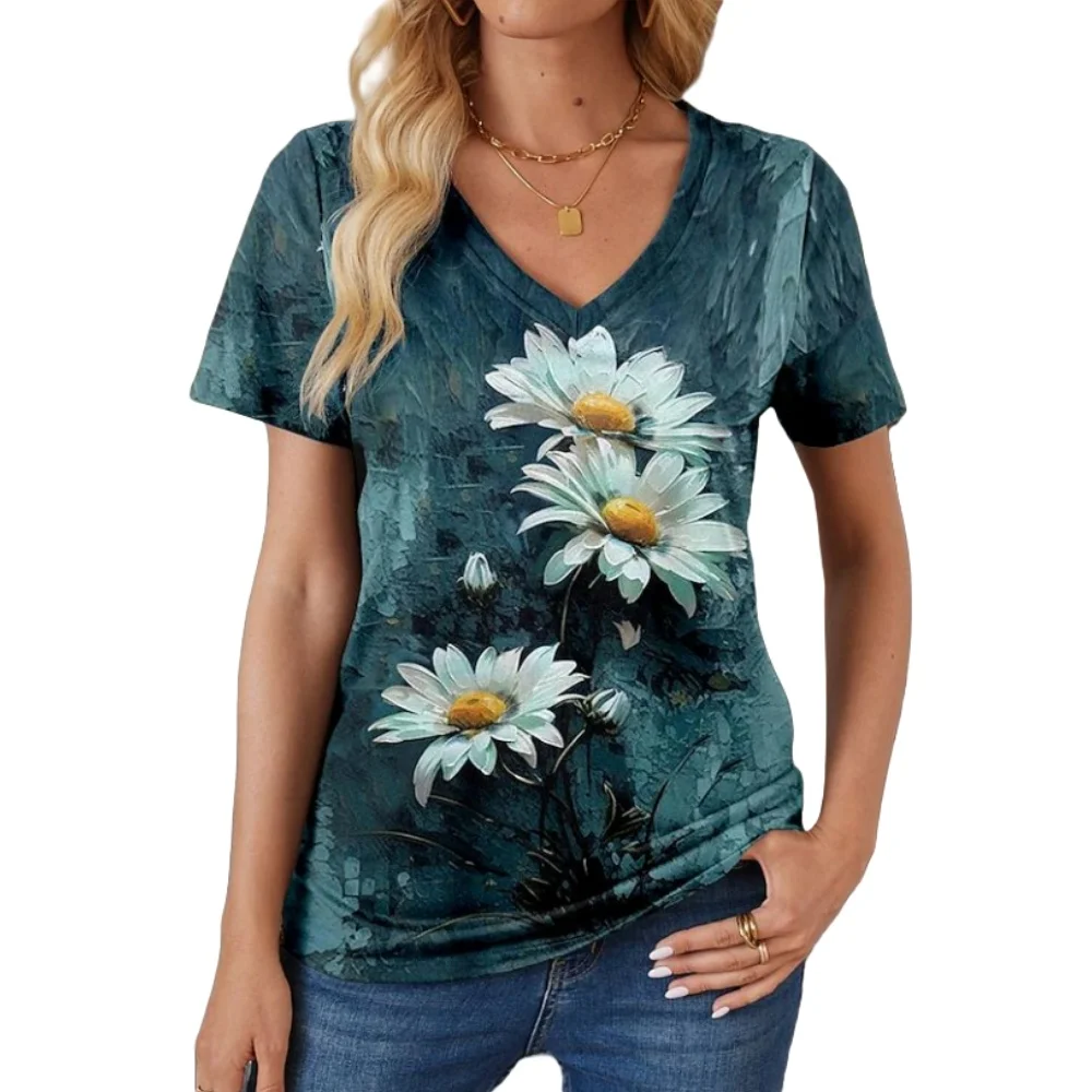

Summer Floral Print V-Neck T-Shirt For Women Breathable Loose Short Sleeve Comfortable Top Ladies Fashion Casual Summer Wear