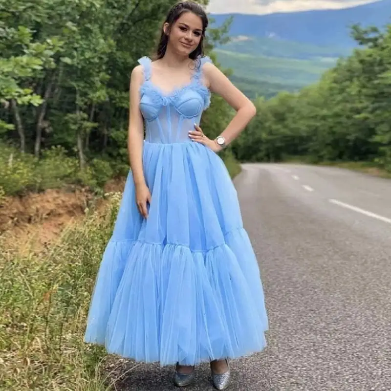 Vestidos de fiesta con tirantes finos azules, vestido de fiesta hasta el tobillo con gradas, falda hinchada con deshuesado expuesto, vestidos de fiesta de noche