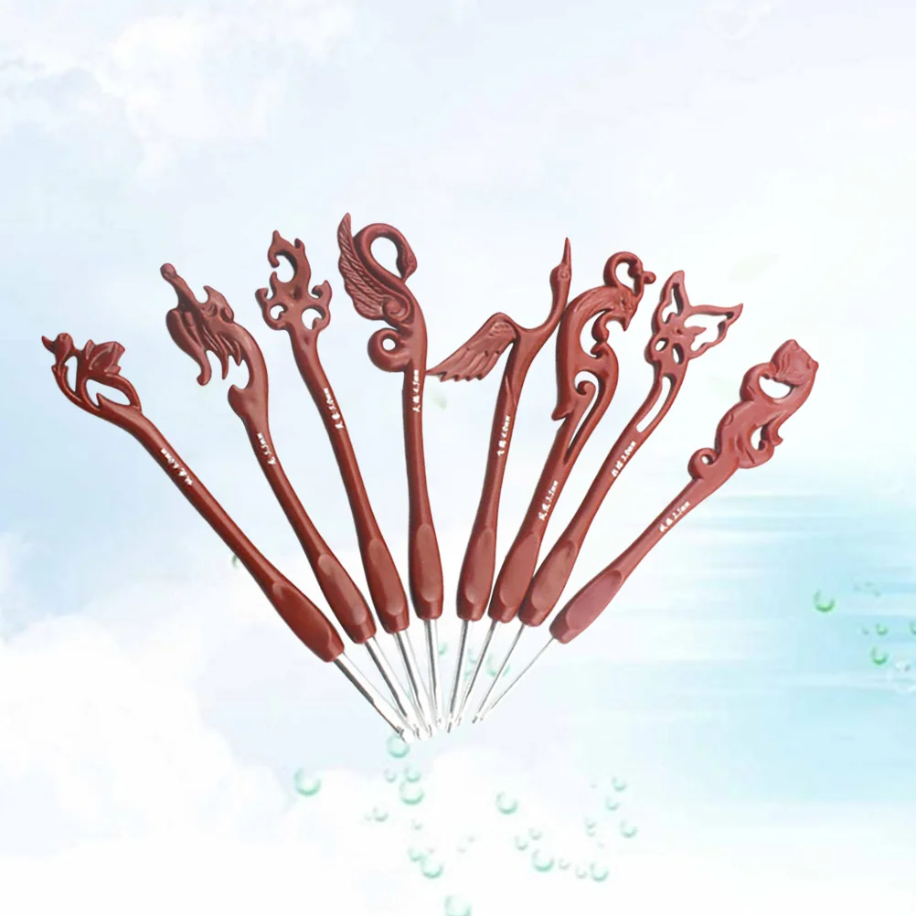 8 قطعة مقبض الألومنيوم إبرة كروشيه مجموعة الرجعية مختلطة إبر الحياكة للمبتدئين البني الحيوان زهرة شكل اليدوية سترة حقيبة #1