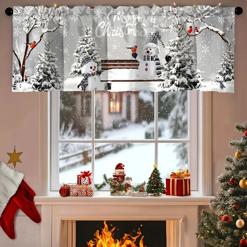 VIKAMA Grey Snowman Bench Cardinal Bird Snowy Pine Holiday Greetings Christmas Short Window Curtain Cute Winter Home Decor Cozy