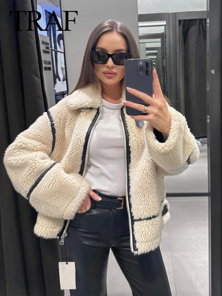 TRAF Woman\'s Fashion Winter Chic Jacket White Turn-Down Collar Long Sleeve Pockets Zipper Female Streetwear Roupa Coats Jaqueta