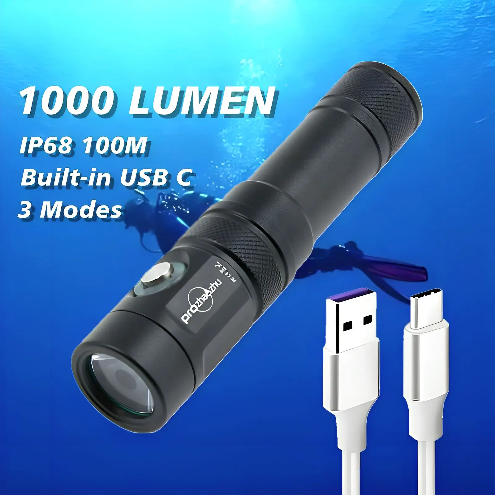 

Aluminum Alloy Diving Flashlight SST20 LED 21700 Built-in USB C IP68 100M Rechargeable Underwater Scuba Diving Torch